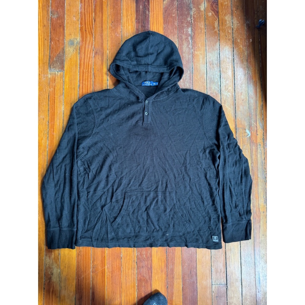 Polo Ralph Lauren Mens XXL Waffle Knit Thermal Henley Hoodie Kangaroo Pocket